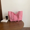 Red and white vertical striped canvas tote bag with dual straps for daily commute - Red