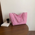 Red and white striped canvas tote bag with front pocket for casual daily use - Pink