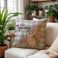 Linnen kussensloop met bruin konijn en roze rozen met de tekst Hello Spring erop - Hello Spring Konijn Stijl (SPP018-3) / 45*45cm Linnen Enkelzijdig Geen Vulling