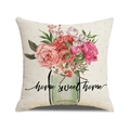 Kissenbezug aus Leinen mit floralem Aquarelldruck und Home Sweet Home Text in Grün - Blumen Einmachglas Home Stil (YMS68-1) / 45x45cm(Nur Bezug)