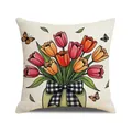 Federa per cuscino con stampa a tulipani primaverili e trama in lino per divano - Quadrato / Stile Bouquet di Tulipani (YMS73-1)