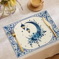 Detailed macro view of linen placemat featuring crescent moon and lantern motifs for Eid Decor - Cdz1-7 / 30*45cm (Placemat Only)