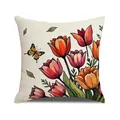 Federa in lino con tulipani rossi dipinti a mano e farfalla su uno sfondo bianco puro - Quadrato / Stile Tulipani Primaverili e Farfalla (YMS73-4)