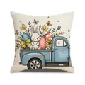 Oster-Kissenbezug mit Vintage-LKW, weißem Hasen und buntem Eier-Druck in Leinenoptik - Vintage Truck Mit Hase (YME29-4) / 45x45CM (Ohne Kern)