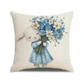 Funda de cojín de Pascua con cordero en vestido floral y ramo de flores - Patrón Cordero de Dibujos Animados (YME30-1)