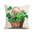 Linen Saint Patrick's Day pillow cover with watercolor basket of clovers and pink flowers - 45x45cm / Watercolor Flower Basket Style (YMP13-4)