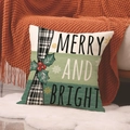 Merry and Bright Christmas plaid linen pillow cover with green stripes and holly berries - 45x45cm(Case Only) / Yma62-11