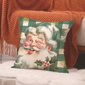 Christmas plaid pillow cover with retro Santa Claus print on white faux fur rug - Santa Claus Pattern Green Plaid (YMA62-12)