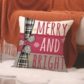Linen Christmas pillow case with red plaid and Merry and Bright letter print - Merry and Bright Red Gray Block (YMA62-15)