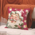 Christmas pillow cover with winking Santa Claus print on red white plaid linen fabric - 45x45cm(Case Only) / Yma62-16