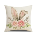 Easter throw pillow case with watercolor rabbit ears and pink floral linen texture - Rabbit Ear Floral Style