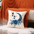 Federa quadrata con stampa di luna blu e lanterne su tessuto di lino crema - Stile Luna Floreale Sfondo Bianco (YMZ32-1)