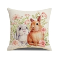 Easter linen pillowcase featuring watercolor rabbits and floral print on white background - Double Rabbit Floral Illustration Style