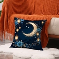 Federa blu con luna e stelle su una morbida coperta lavorata a maglia arancione - Stile Mezzaluna Floreale Sfondo Blu Profondo (YMZ32-2)