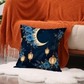 Federa blu scuro con stampa di luna dorata e lanterne per decorazioni domestiche - Stile Mezzaluna Lanterna Sfondo Blu Profondo (YMZ32-3)
