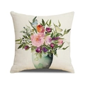 Linen cushion cover with floral print featuring pink roses and butterflies on white background - Green Glazed Vase Floral