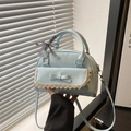 Elegant light blue bow handbag with lace trim and check ribbon in faux leather - Blue