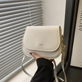Chic beige mini saddle bag with FASHION TREND branding and gold hardware accents - White