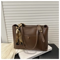 Detail of dark brown tote bag with white contrast stitching and decorative scarf - Dark Brown