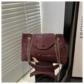 Detail of burgundy snakeskin texture leather bag with gold metal chain strap and flap - Red