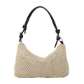 Handwoven straw tote bag with black leather knotted shoulder strap on white background - Black
