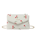White corduroy crossbody bag with cherry prints and a golden chain shoulder strap - Cherry White