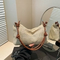 Bolso tote de paja tejida beige con asas de cuerda de cuero marrón y nudos - Marrón