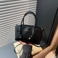 Large black leather tote bag with FASHION logo and decorative tassels for women - Black