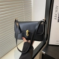 Elegant black flap shoulder bag with oval gold buckle and leather strap for women - Black