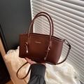 Retro deep brown large capacity tote bag with double knot handles and FASHION tag - Brown