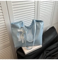 Light blue glossy PU leather tote bag with elegant lace bow and pearl pendant - Without Pendant / Blue