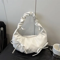 Elegant white oversized PU shoulder bag with cloud-pleated handle and bow details - White