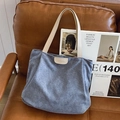 Large grey corduroy tote bag with leather handles and Fashion leather patch detail - Gray