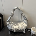 Silver metallic crescent moon bag with pleated cloud handle and bow detail - Silver