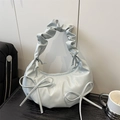 Light blue bow cloud bag with ruffled handle and matte PU leather finish - Blue