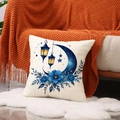 Fodera per cuscino stile europeo con luna crescente blu e lanterne su trama lino - Stile Lanterna Floreale Sfondo Blu Profondo (YMZ32-4)