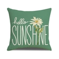 Green linen square decorative pillow featuring white daisy and hello sunshine print - Grass Green Sunshine Letter Daisy