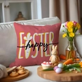 Funda de cojín de Pascua con conejo y zanahoria para sofá y decoración de salón - Letras Happy Easter Rojo Coral (YME24-1)