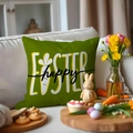 Bright green Easter pillow cover with bunny and carrot design on a cozy white sofa - Green Happy Easter Letters (YME24-5)