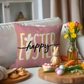 Pink Happy Easter pillowcase featuring abstract carrot print on a white sofa setting - Pink Happy Easter Letters (YME24-9)