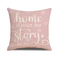 Funda de cojín rosa de lino con texto home is where our story begins y flores - Patrón de Texto Home Story Begins (YME60-3) / 45*45cm (Cojín no incluido)