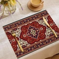 Detailed view of bohemian linen placemat with Persian carpet pattern and golden cutlery - Red Blue Ethnic Style (CDM1-1)