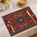 Detail of bohemian linen placemat with red Persian carpet pattern and heat insulation - Vintage Deep Red Patchwork (CDM1-4)