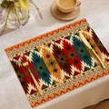 Detail of bohemian linen placemat with geometric patterns on a dining table with cutlery - Vintage Earth Tone (CDM1-5)