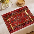 Detailed top view of red Persian style placemat with golden cutlery on linen tablecloth - Red Classic Persian Style (CDM1-8)