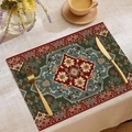 Detail of bohemian placemat with vintage floral patterns and cotton linen texture - Brick Red Dark Green Ethnic Style (CDM1-9)