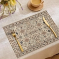 Bohemian linen placemat detail with geometric floral prints and golden cutlery set - Beige Brown Gray Ethnic Geometric (CDM1-14)