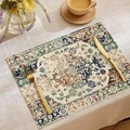 Detail of bohemian printed linen placemat with ethnic geometric pattern and golden cutlery - Blue Red Green Vintage Geometric (CDM1-15)