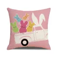 Funda de cojín de Pascua de lino rosa con estampado de camión de conejos para sofá - Patrón de Camión Rosa Transportando Conejos (YME44-3)