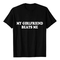 Detail of white bold text print My Girlfriend Beats Me on black cotton t-shirt - S / Black